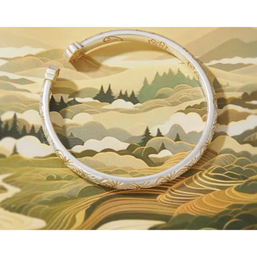 足银手镯 42号链接 描金珐琅万如意手镯女开口复古国风江山纯银镯