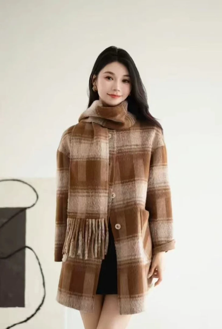 双面呢大衣秋冬格子围巾领中长款宽松外套女