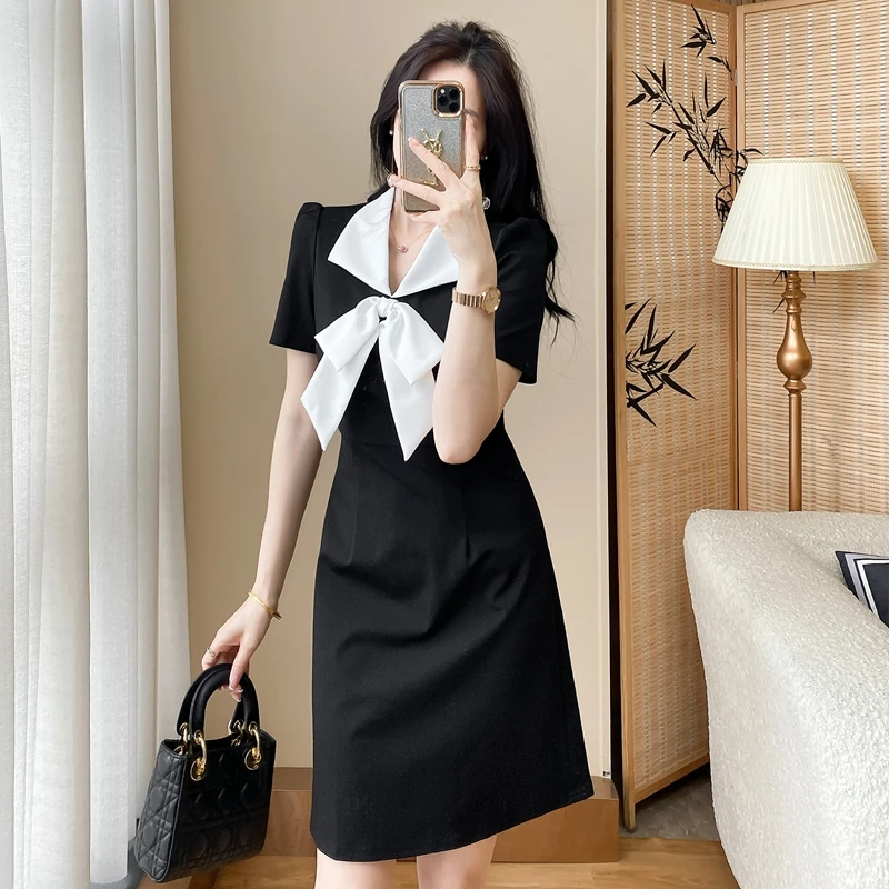 小个子连衣裙女夏2025新款法式赫本风高级感蝴蝶结遮肚洋气小黑裙
