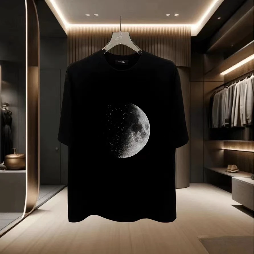 【重工-满钻月球】807男女同款简约丝光棉重磅情侣纯色百搭休闲T恤