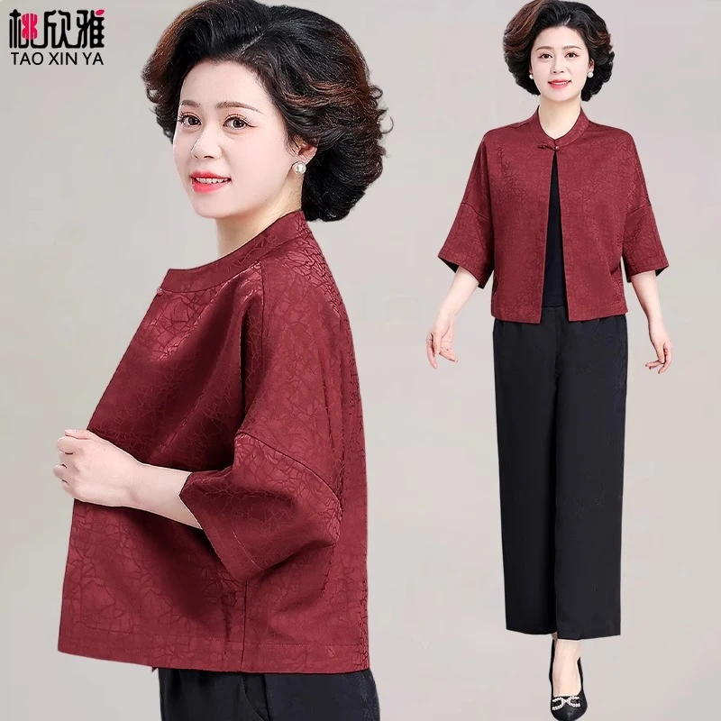中老年女装秋装外套2025新款套装妈妈七分袖上衣夏季喜婆婆婚宴装