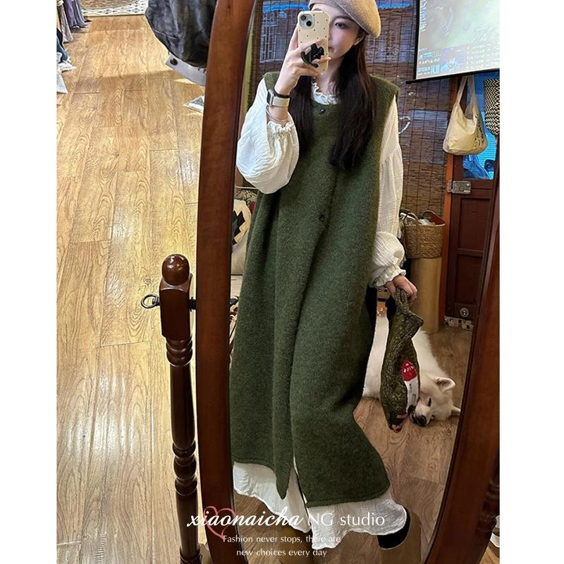 韩系复古绿色毛呢背心裙女慵懒风叠穿长款针织长裙两件套装G0183