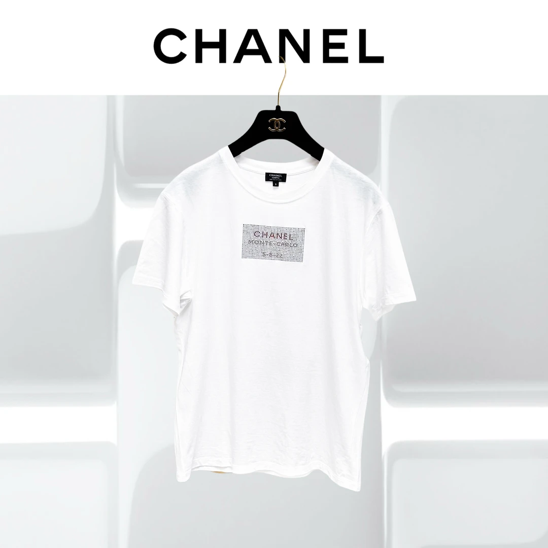 99新 Chanel/香奈儿 S码Vic礼物白色拼银色拼红色 满钻字母T恤