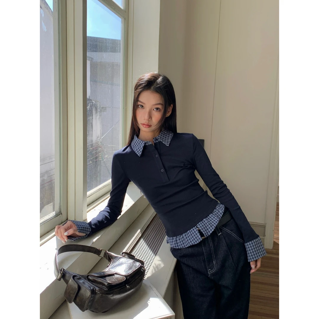 美式学院风POLO领假两件打底衫女秋冬新款时尚显瘦修身上衣