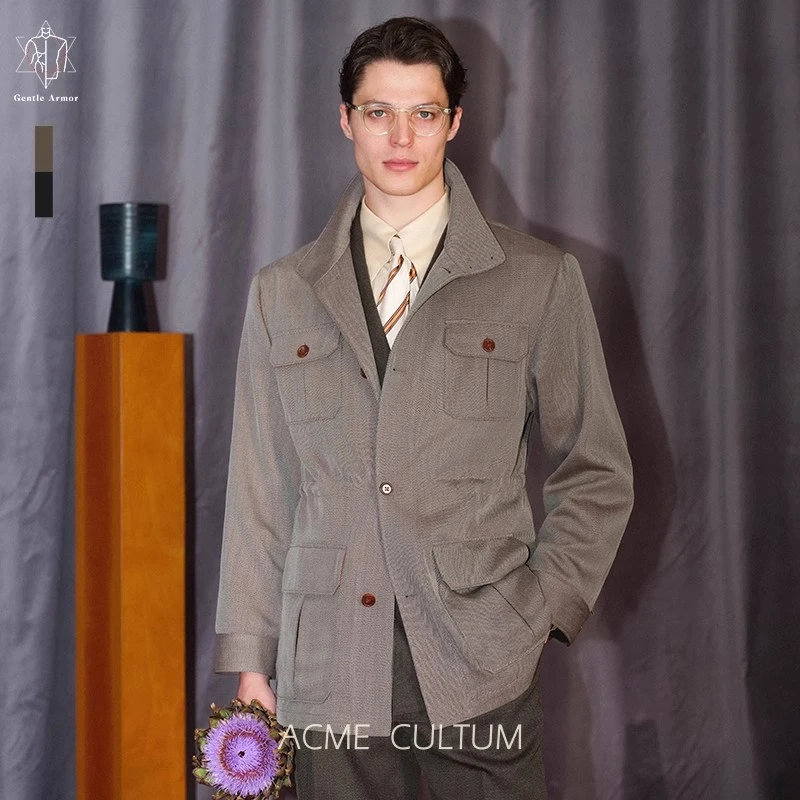 AC纯羊毛骑兵斜纹羊皮拼接立领猎装夹克男正装多口袋户外休闲外套