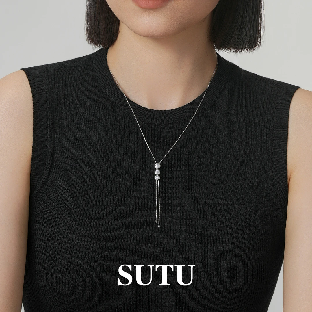 坠链均925银合成锆石 泡泡项链抽拉毛衣项链时尚小众设计感气质