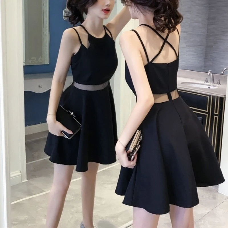 韩版裙子吊带连衣裙ins风露背新款矮个子夏性感2025黑色修身女装