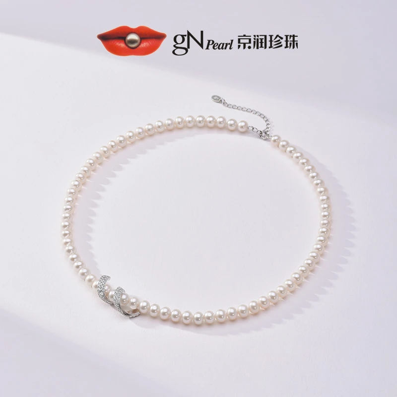 【gN】京润珍珠 缎带之爱 925银经典淡水珍珠项链5.3-6.3mm近圆形