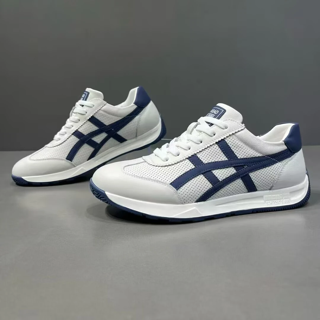 轻奢男士休闲阿甘鞋2025新款时尚百搭拼色打孔设计头层牛皮男鞋