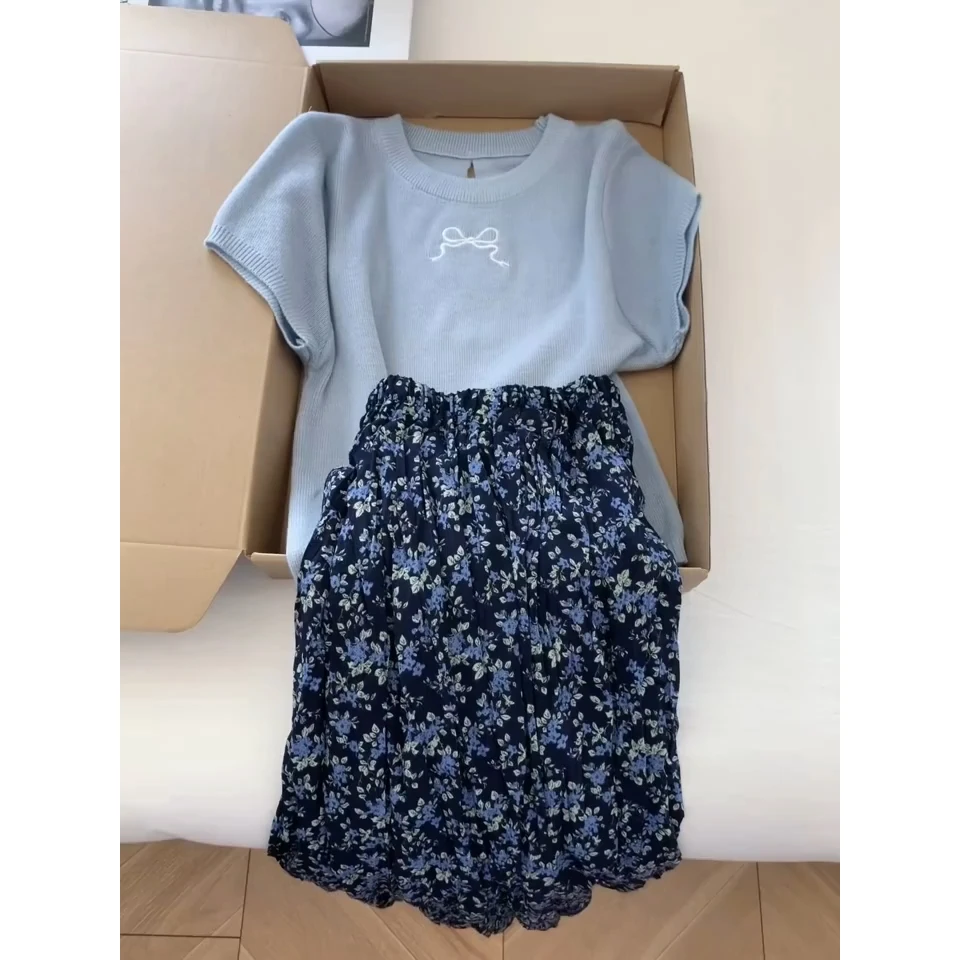 蓝色蝴蝶结刺绣薄款针织短袖T恤女2025夏装新款镂空正肩小衫上衣