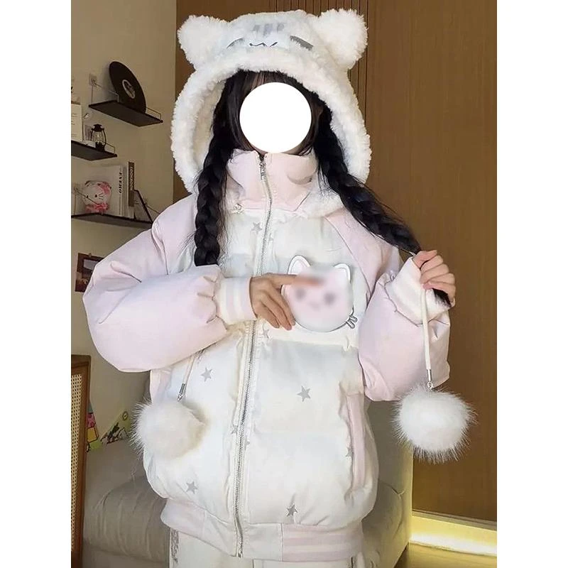 法式慵懒可爱学院风小猫撞色连帽毛绒耳朵棉服宽松保暖加厚面包服