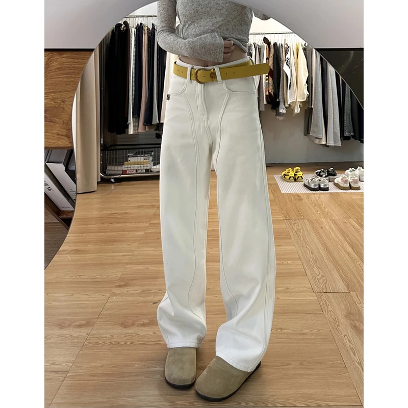 浅杏色弯刀牛仔裤女2025年夏季新款高腰显瘦梨形遮肉宽松阔腿裤子