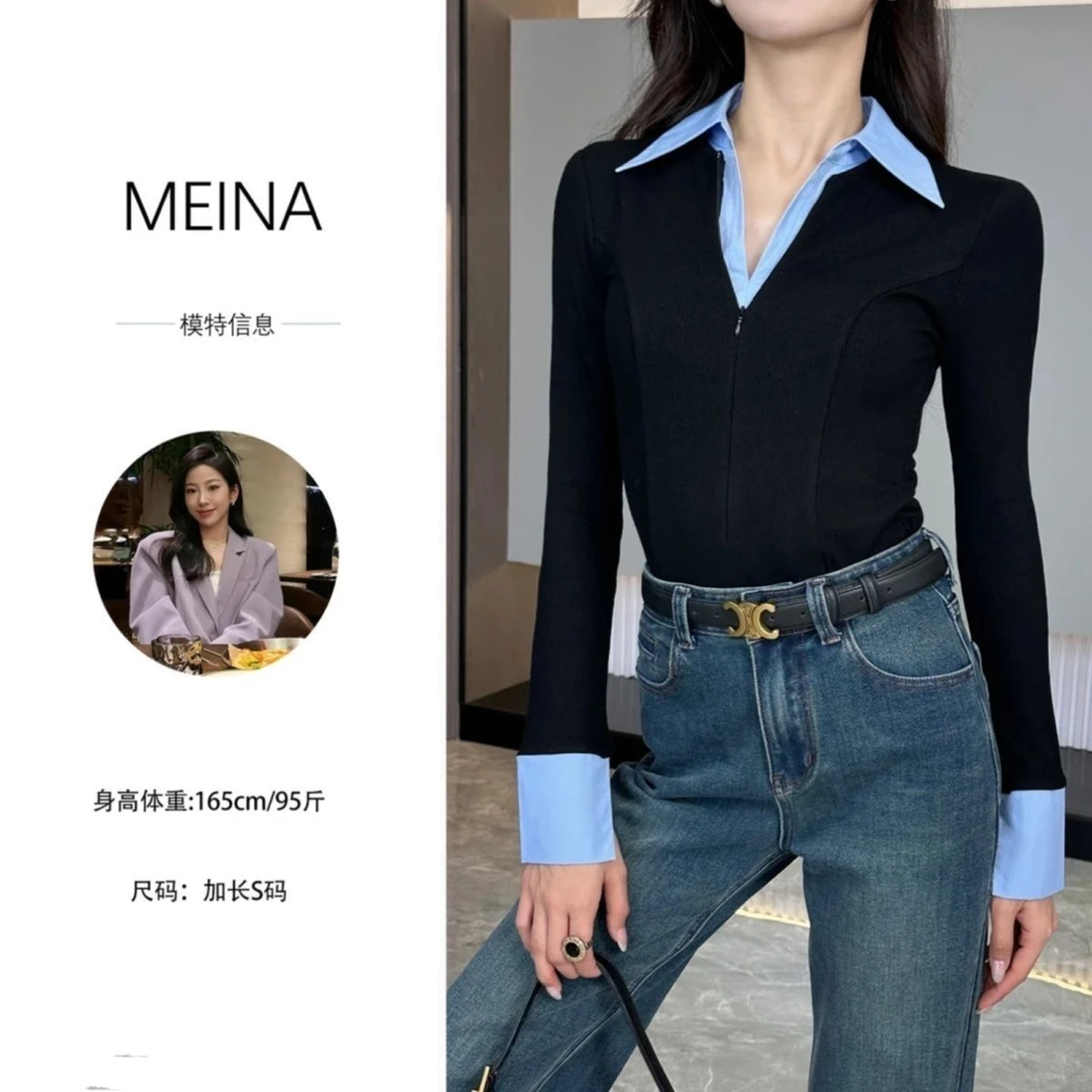 春秋冬季新款女上衣撞色假两件长袖修身设计感小众短款假两件衬衫