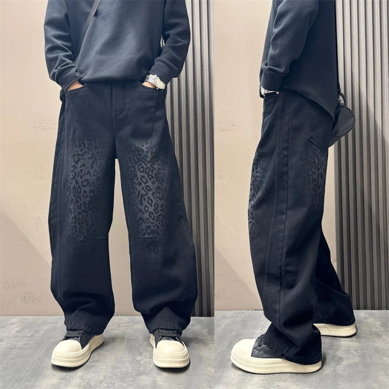 美式高街潮流个性豹纹阔腿牛仔裤冬季加绒加厚宽松直筒百搭休闲裤