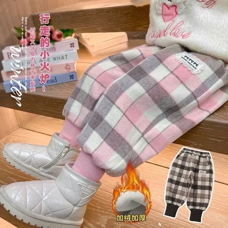 【现货】女童冬季加绒加厚格子裤保暖休闲女宝宝束脚一体绒裤子