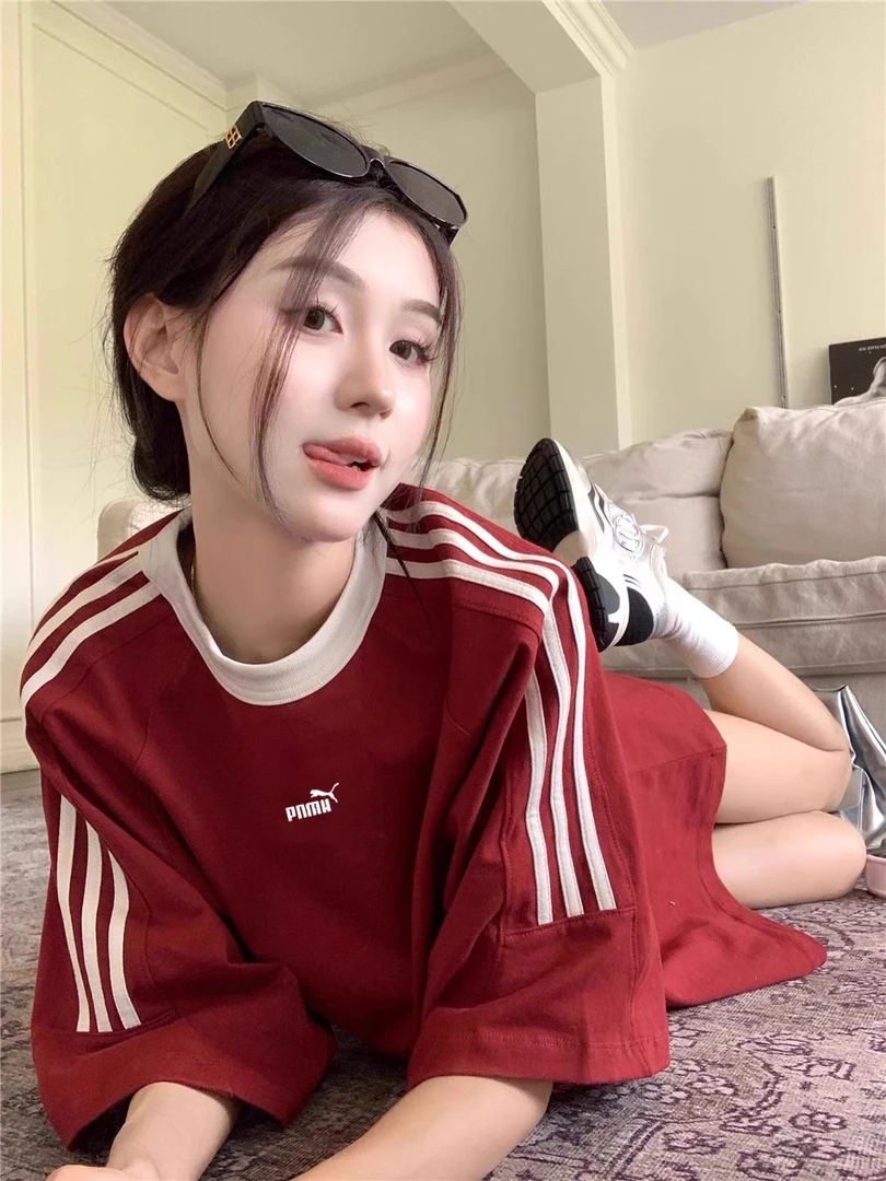 彪码纯棉圆领短袖女红色慵懒风宽松纯色t恤男女夏季情侣半袖上衣