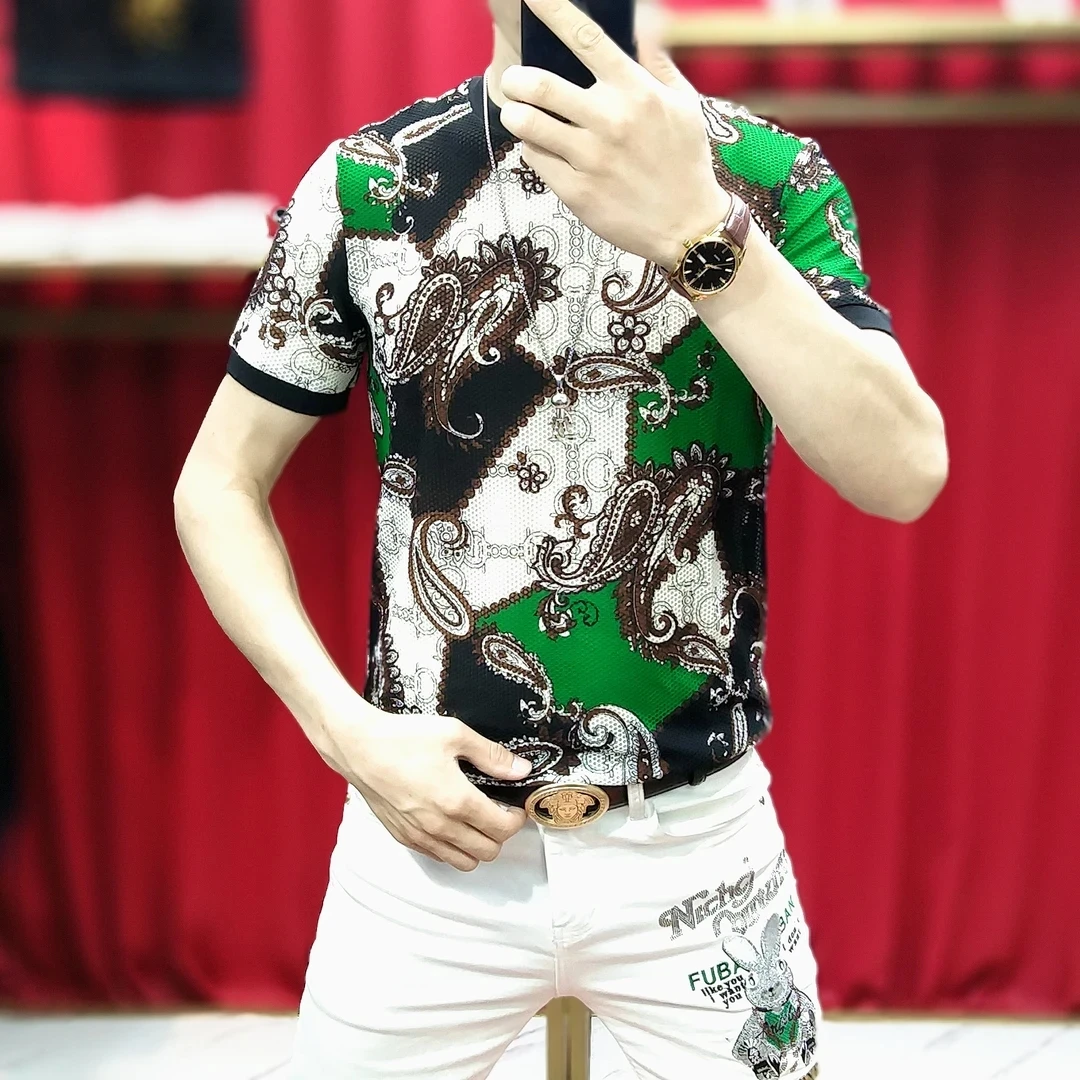 夏季新款男士韩版休闲时尚网眼透气圆领T修身百搭高弹力冰丝短袖