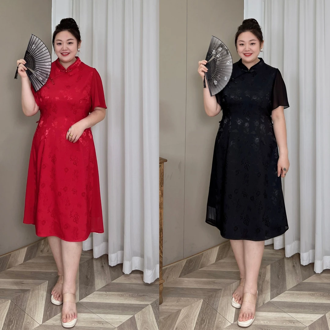 【梅姐定制】PDM22028夏季时尚大方新中式大码连衣裙