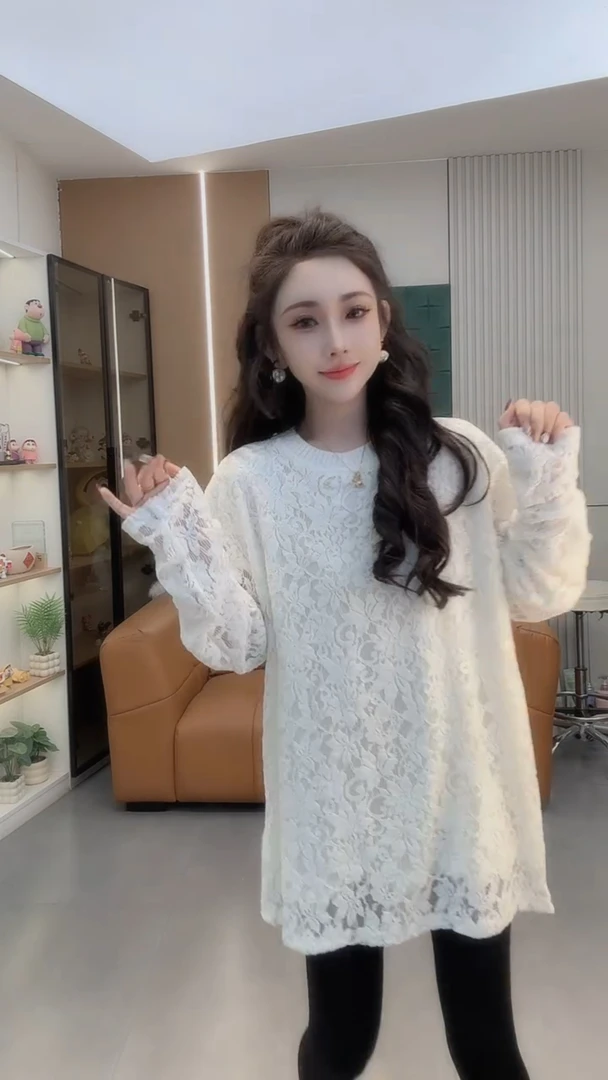 韩版时尚温柔风中长款钩花镂空蕾丝打底衫女2025新款宽松上衣