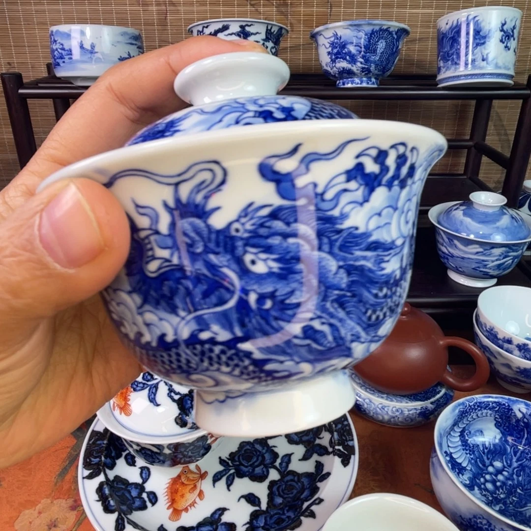 漏***鱼景德镇陶瓷艺术双龙盖碗，微瑕