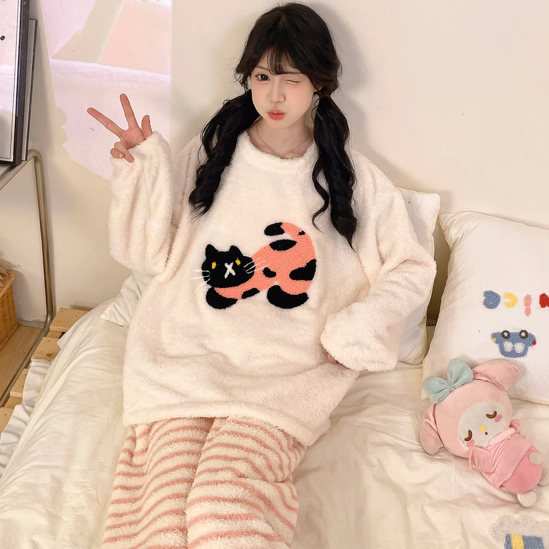 珊瑚绒睡衣女秋冬季大码加厚仿半边绒小黑猫套装可外穿冬天家居服