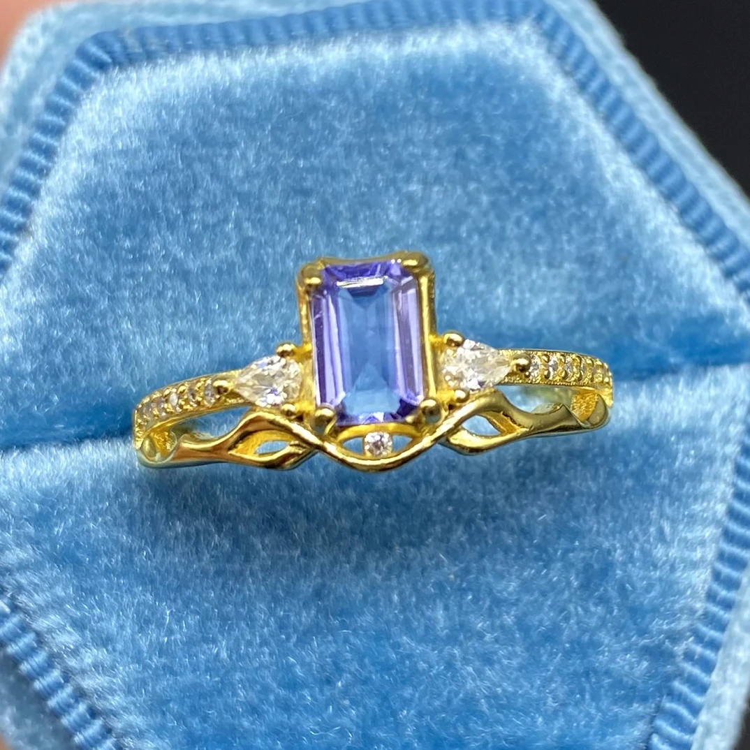 天然坦桑石戒指s925银方形4*6mm轻奢精致气质优雅古典时尚百搭YM