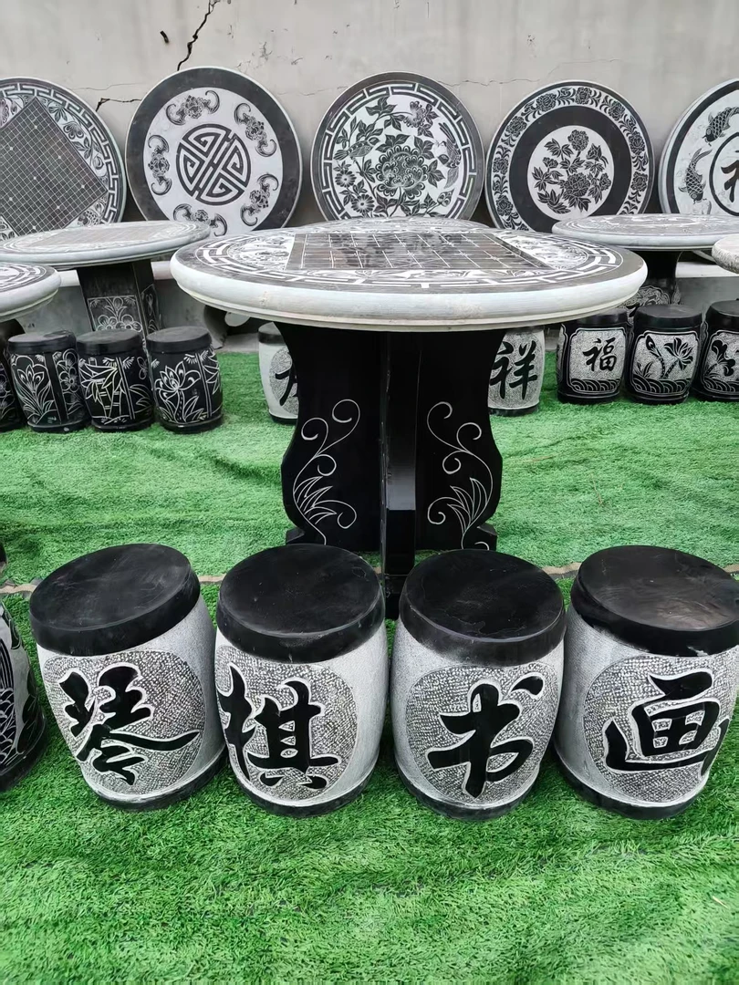 石质圆桌圆凳青石庭院石桌景区休息用雕刻工艺细腻精湛桌椅户外