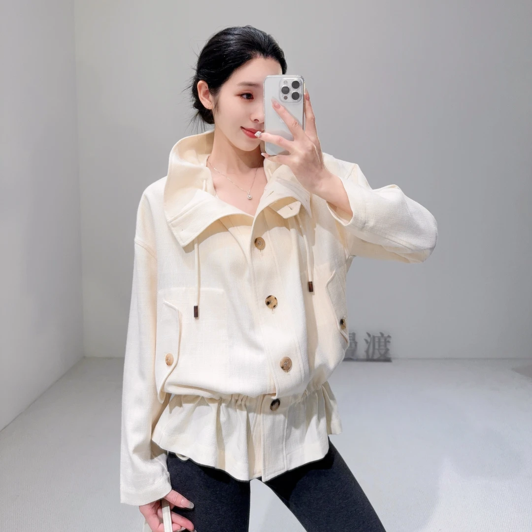 嫚渡2025春款上新百搭长袖小香风纯色立领杏色时尚女款休闲外套