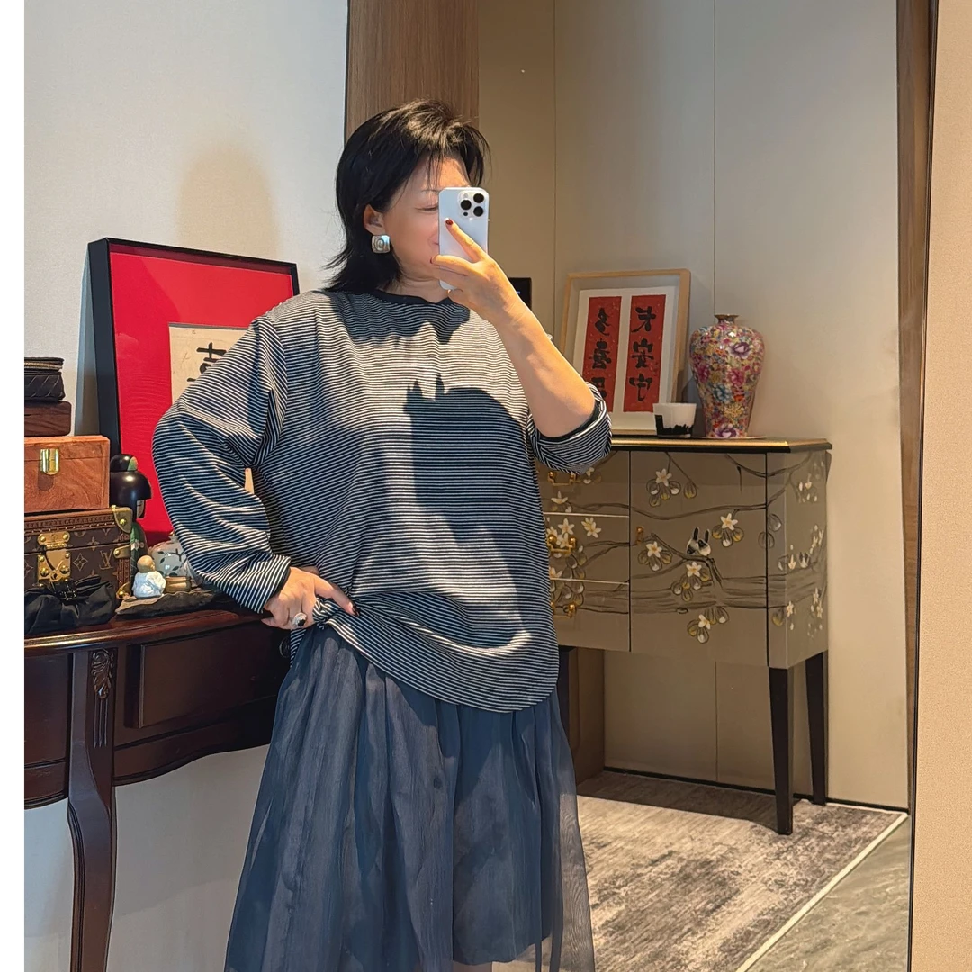 Fen姐|【浮光云墨】复古做旧圆领条纹百搭长袖T恤百搭宽松上衣51331