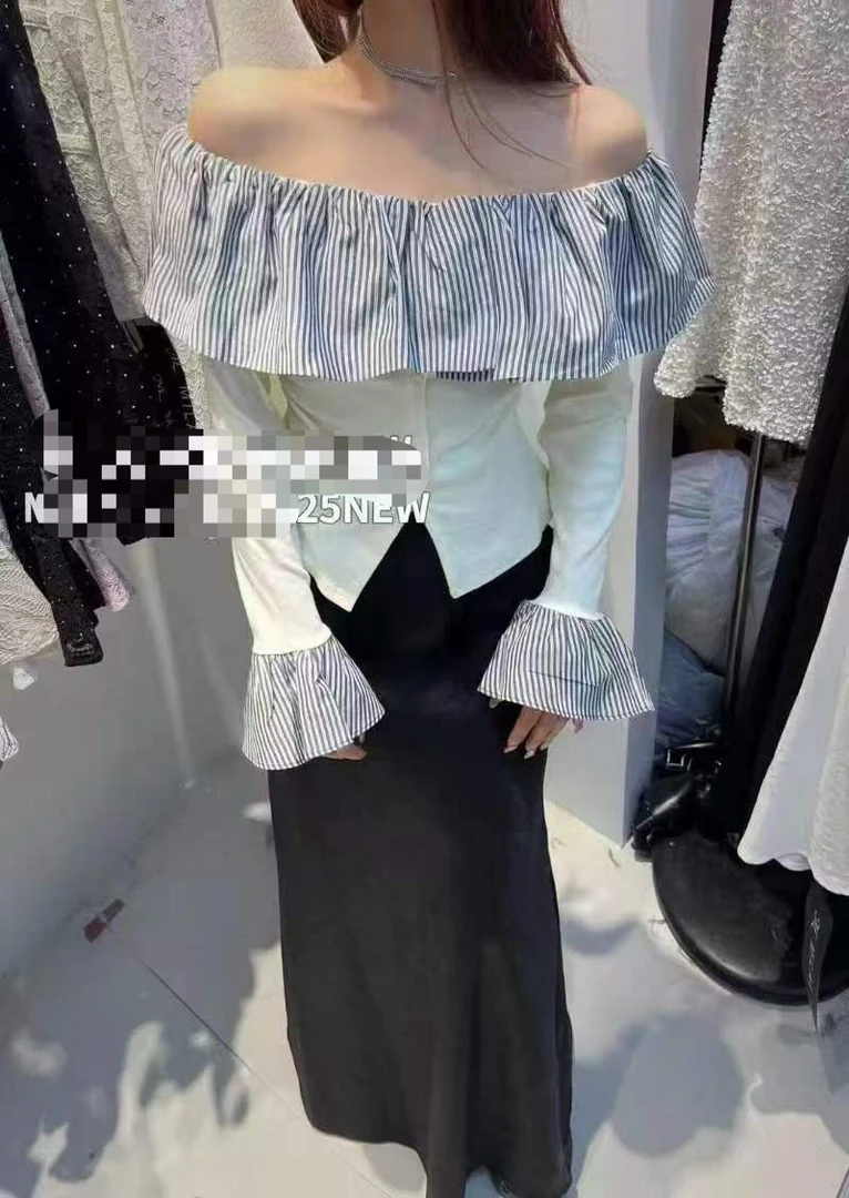 时尚气质一字领拼接修身T恤上衣