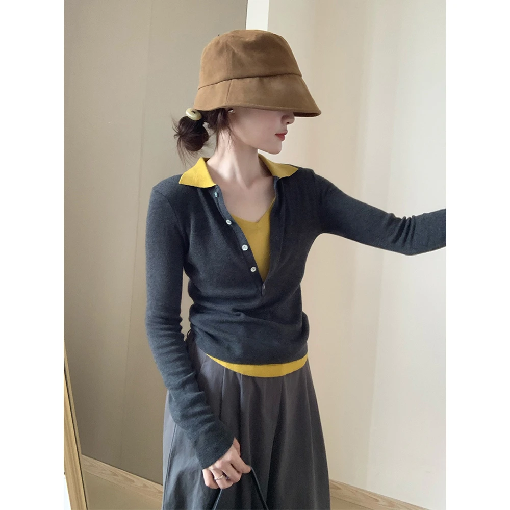 灰色气质撞色假两件POLO领针织衫女早秋穿搭韩版叠穿休闲显瘦上衣