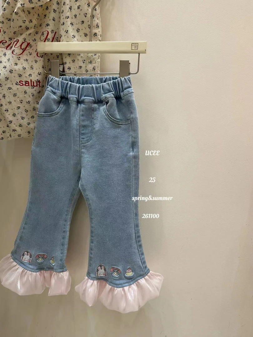 女童蓝色卡通花边牛仔裤（YX-261100-春秋）