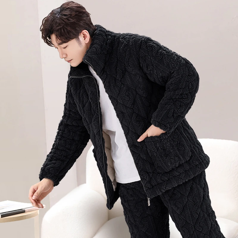 冬季三层夹棉男士珊瑚绒睡衣套装加厚加绒暖法兰绒家居服可外穿JX