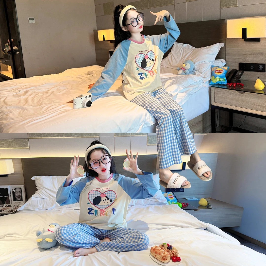 女童纯棉睡衣套装2025新款初中生春秋少女风家居服儿童长袖可外穿