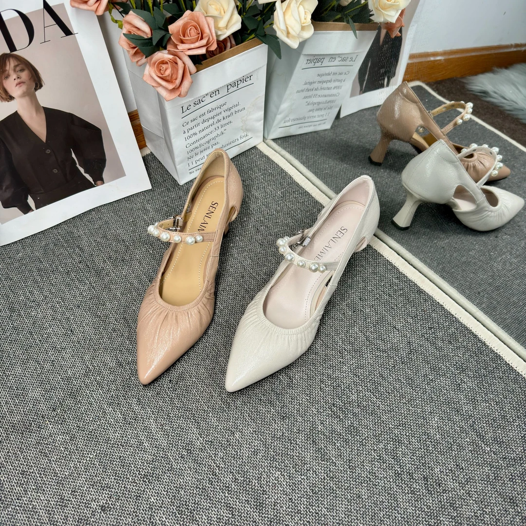 【玛丽珍】SLM/羊皮/6CM/33-40/一字带尖头镂空高跟百搭女鞋