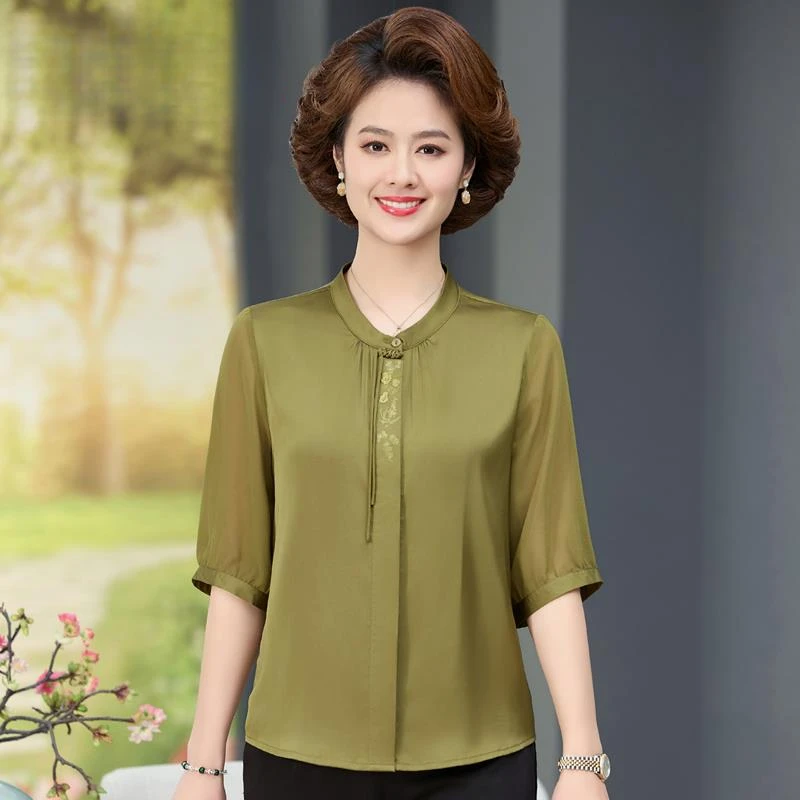 恒源祥彩羊五十岁妈妈夏装仿真丝衬衣半袖中老年人婆婆仿桑蚕丝上