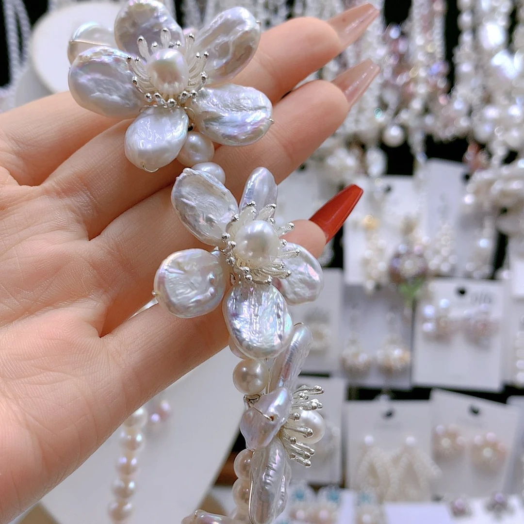 银S925镶嵌耳饰淡水珍珠米*