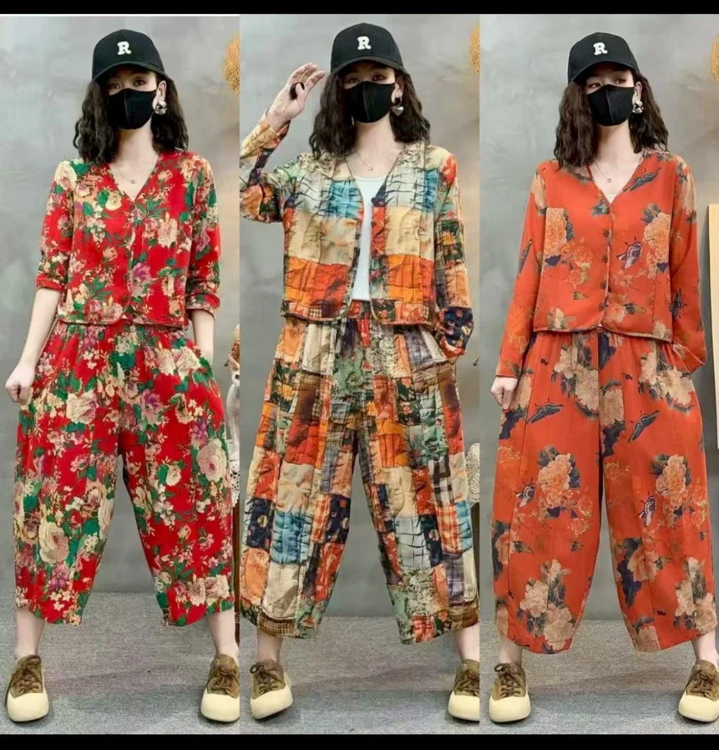 新款复古新中式文艺数码印花棉麻上衣套装印花南瓜裤两件套女
