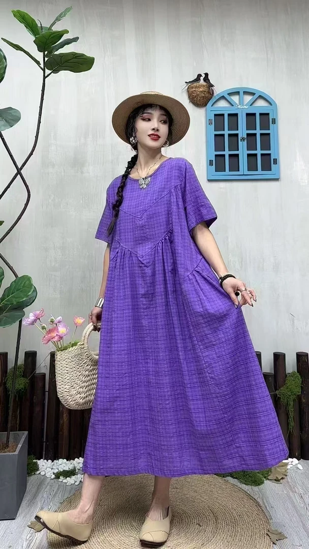 棉麻宽松休闲大版短袖连衣裙遮肉