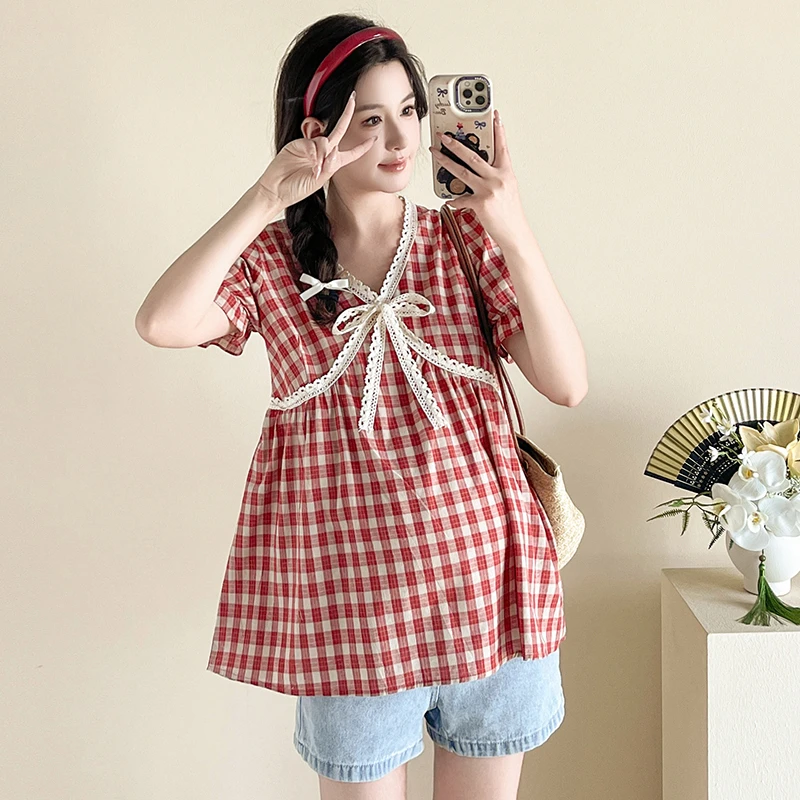 孕妇装夏季2025年韩版V领短袖娃娃衫休闲减龄蝴蝶结系带格子上衣