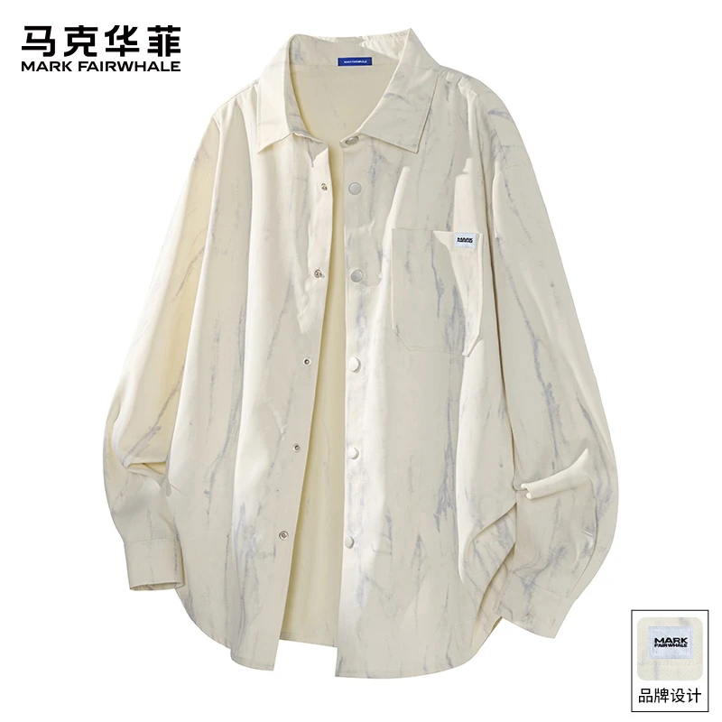 马克华菲美式扎染长袖衬衫男士秋季新款宽松翻领百搭休闲衬衣外套