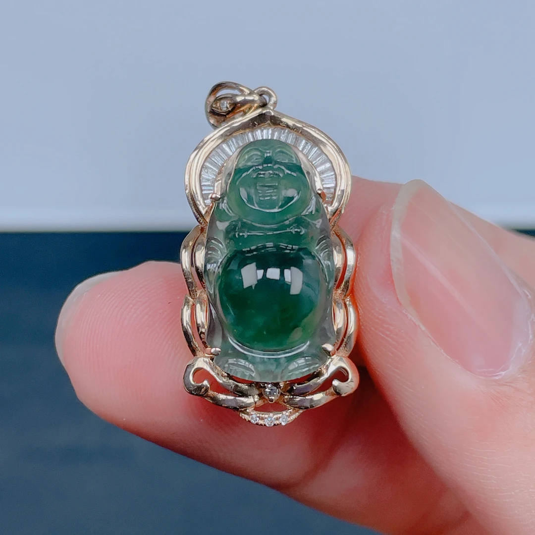 天然翡翠A货18K金镶嵌佛公翡翠吊坠高冰绿色时尚气质冰种精致QZ03