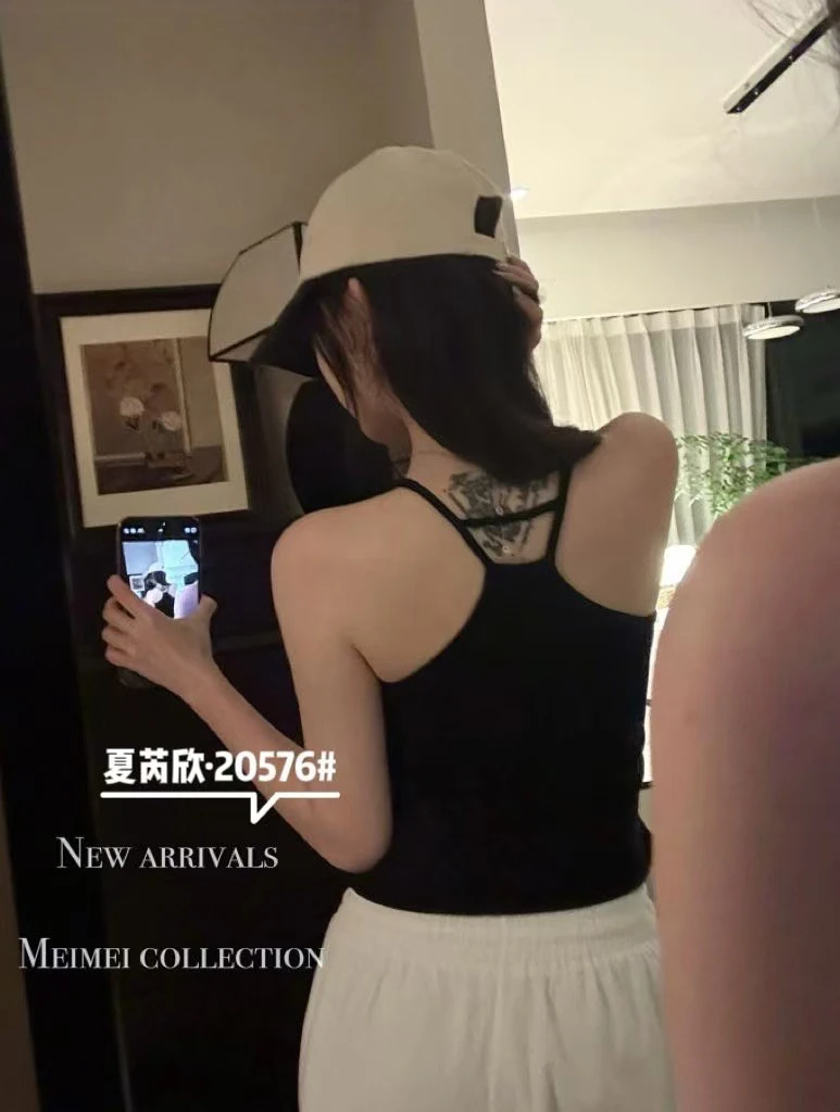 黑色方领带胸垫工字吊带背心女夏修身短款无袖上衣