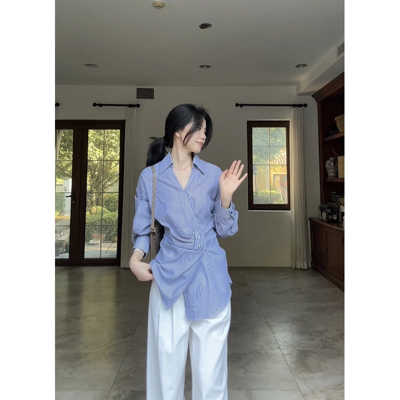 郭九九呢 100%棉V领设计感条纹衬衫简约百搭阔腿长裤 G925Z13765