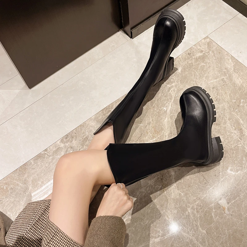 显瘦V口长筒靴时尚百搭厚底瘦瘦靴增高秋冬加绒源头拉链靴子