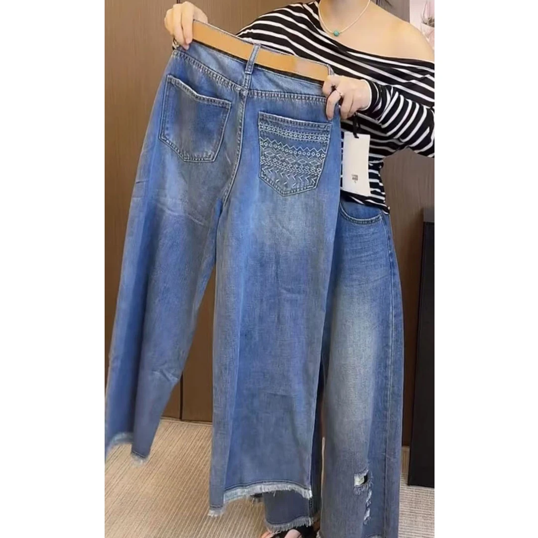 艾塔莉夏季时尚薄款彩绘设计感刺绣牛仔裤直筒裤休闲裤高腰九分裤