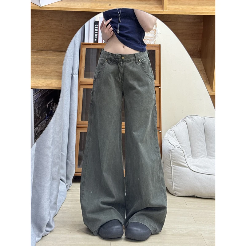 复古军绿色工装阔腿牛仔裤女夏季新款美式低腰宽松显瘦垂感拖地裤