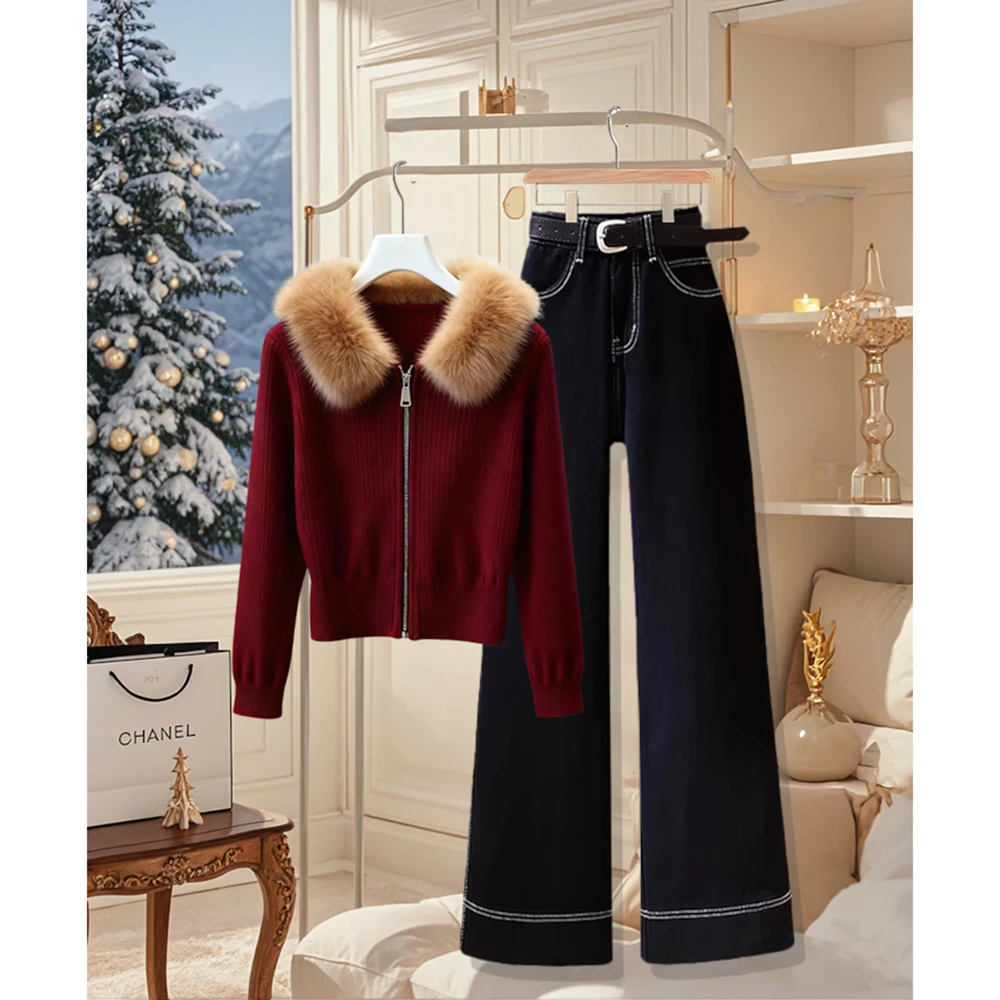 2025秋冬新款韩系红色慵懒风毛领针织衫外套牛仔直筒裤套装女爆款