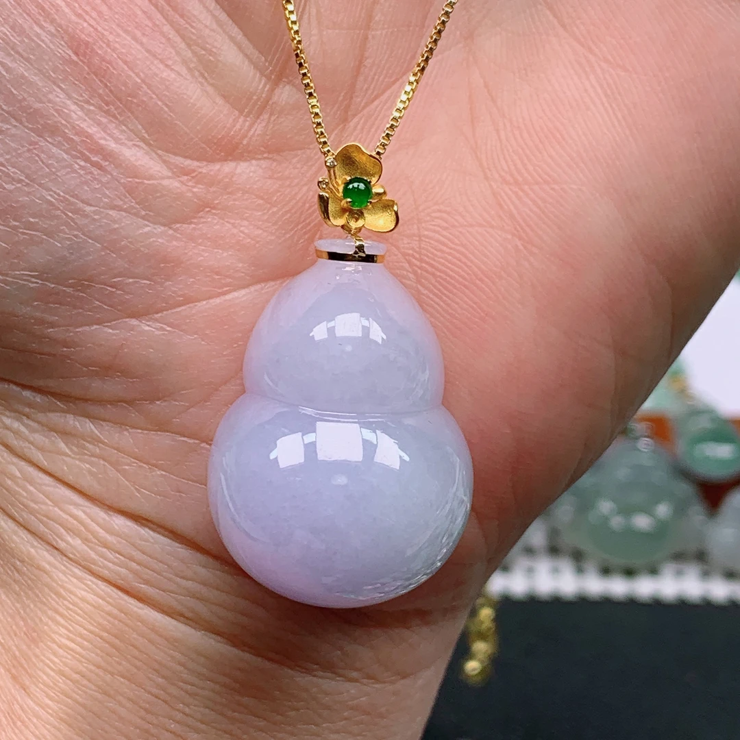 缅甸天然翡翠A货 18k金镶紫罗兰葫芦吊坠9/413尺寸29.8x21.6x14.4