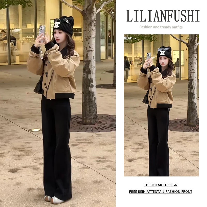 秋冬温柔系穿搭女2025新款气质不规则显瘦气质外套休闲阔腿裤套装